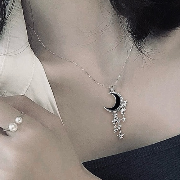 “Stars From the Moon” Black Sliver Crescent Dangling Stellar Celestial Necklace - Picture 3 of 6
